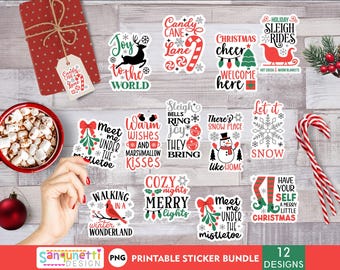 Könnte beinhalten: Ein Set mit 12 druckbaren Weihnachtsaufklebern mit festlichen Motiven wie "Joy to the World", "Candy Cane Lane", "Warm Wishes and Marshmallow Kisses", "Cozy Nights Merry Lights", "Let it Snow" und "Have Your Self a Merry Little Christmas".