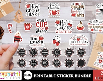 May include: A set of 27 printable stickers featuring various designs related to hot cocoa. The stickers include phrases like "Hot Cocoa Bar", "Hot Chocolate Season", "Hot Cocoa Weather", and "Old Fashioned Hot Cocoa Served Here". There are also stickers with toppings like marshmallows, whipped cream, sprinkles, and chocolate chips.