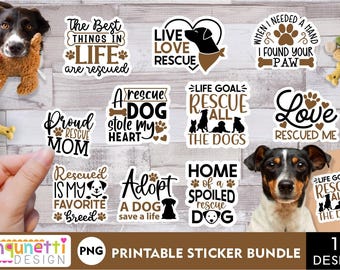 May include: A set of 10 printable dog-themed stickers with various designs and sayings. The stickers feature a variety of dog breeds, including a black and brown spaniel, a black and white terrier, and a brown and white terrier. The stickers are perfect for adding a touch of personality to laptops, water bottles, and other items.