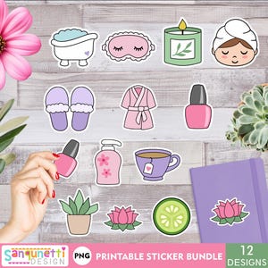 Stickers spa mignons et épais | Soins personnels imprimables PNG | Pack numérique « Cosy Spa Day »