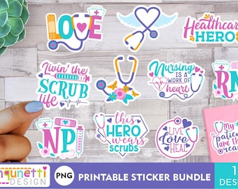 May include: A set of 11 printable stickers featuring various designs related to healthcare professionals. The stickers include phrases like "Love", "Livin' the Scrub Life", "This Hero Wears Scrubs", "Healthcare Hero", "Nursing is a Work of Heart", "My Patients are the Reason", and "Live Love Heal".