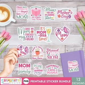 Conjunto de pegatinas digitales para el Día de la Madre: colección de frases lindas en formato PNG