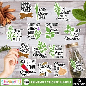 Paquete de pegatinas PNG con juegos de palabras sobre especias y hierbas / Pegatinas divertidas de hierbas de cocina