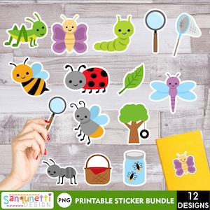 May include: A set of 12 printable stickers featuring various insects, a magnifying glass, a butterfly net, a jar, a tree, and a picnic basket. The stickers are in a cartoon style and feature bright colors.
