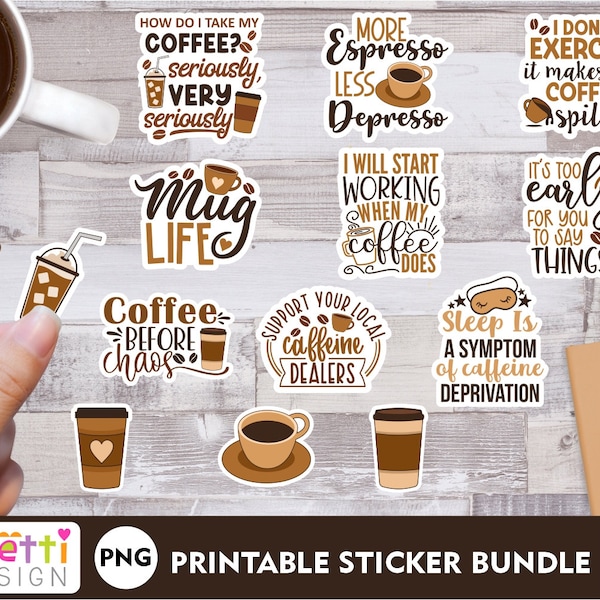 Coffee Sticker PNG Bundle, Funny coffee digital printable stickers