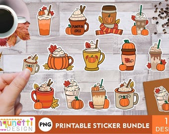 May include: A set of 12 printable stickers featuring various fall-themed drinks, including pumpkin spice lattes, hot chocolate, and coffee. The stickers are illustrated in a cartoon style with warm colors and feature pumpkins, leaves, and other autumnal details.
