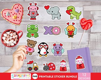Valentine's Day Kawaii Sticker Bundle - 12 Adorable Printable Designs