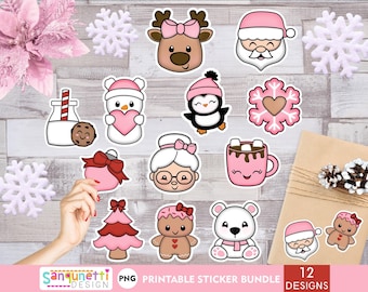 Stickerbundel roze kerst: feestelijke png-afbeeldingen (digitale download)