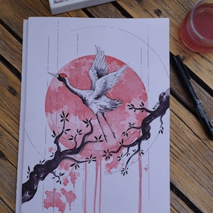 Original watercolor crane - Nature bird wall art - Japanese print inspired painting - Handmade watercolor illustration 21x29.7 cm