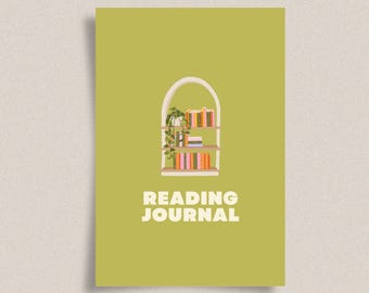 May include: A green journal cover with the words "READING JOURNAL" in white. The cover features an illustration of a bookshelf with books and a plant. The bookshelf is inside an arched window.
