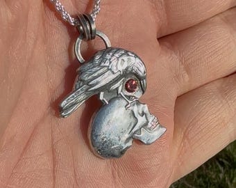 Sterling Silver Raven, Skull, and Garnet Pendant