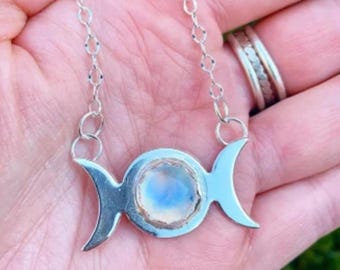 Mae’s Sterling and Rainbow Moonstone Moonphase Necklace