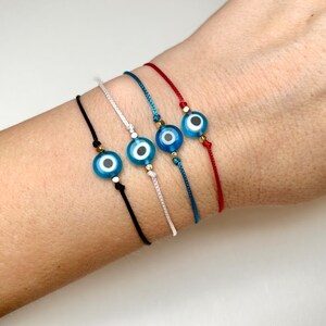 Set of 2 Blue Eye Bracelets with a wish card and a gift wrap - Sky Blue Evil Eye Charm and a String Bracelets - Tiny Evil Eye Gift