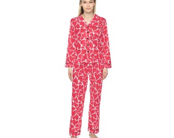 Red Heart Pattern Satin Pajamas | Women's Two-Piece Sleep Set | Valentines Day Gift