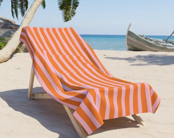 Roze en oranje gestreepte strandhanddoek | Zomerstreep