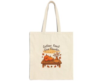 Gather Feast Give Thanks Tote Bag | Thanksgiving pumpkin table fall leaves