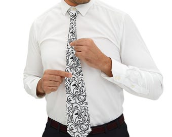 Black and White Floral Necktie, Satin Formal Tie