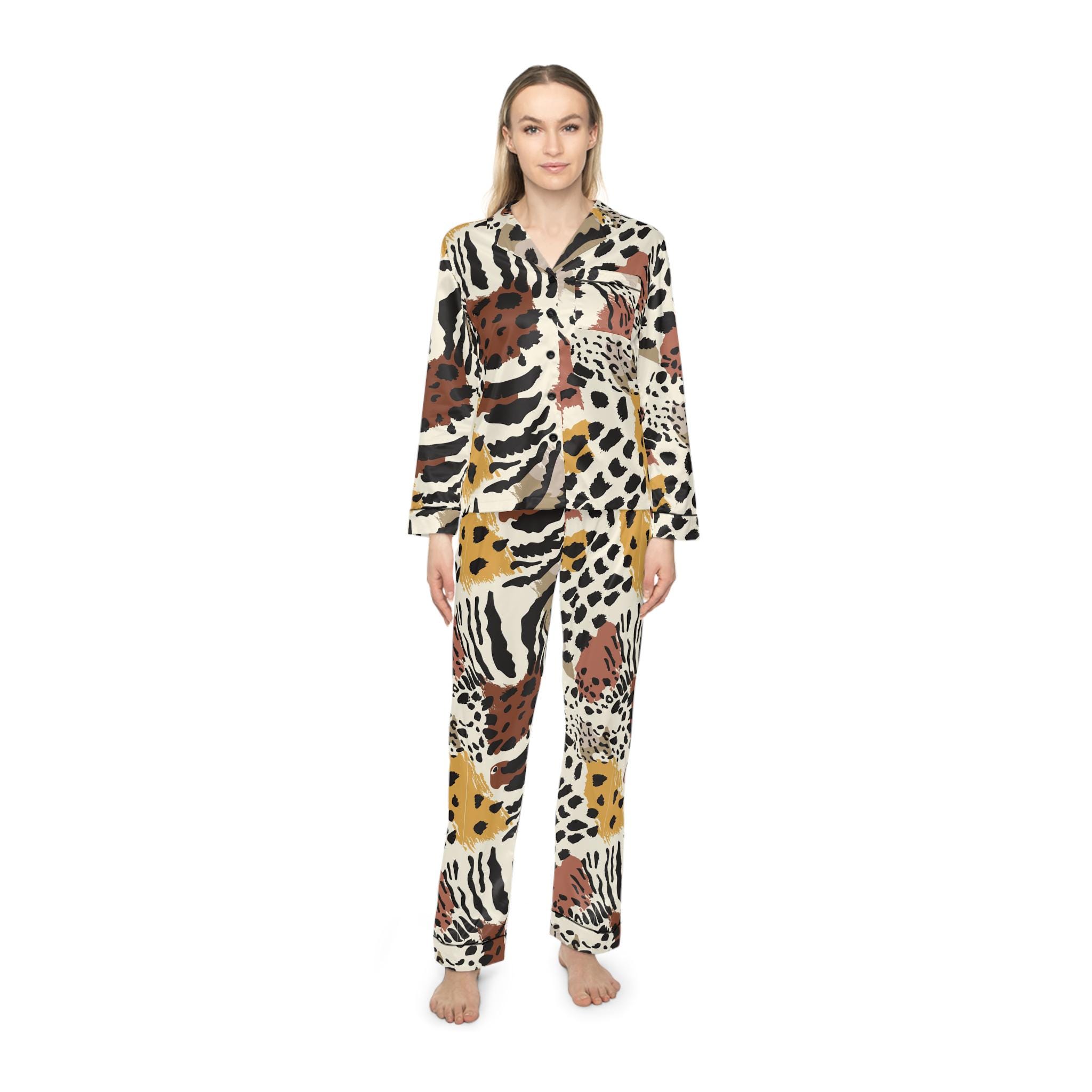 Women's Satin Pajama Set: Animal Print Loungewear