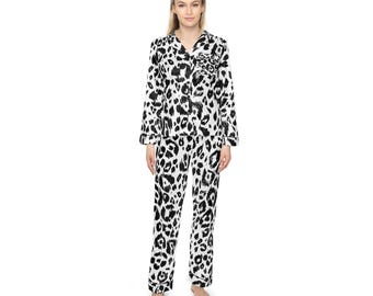 Conjunto de pijama de satén con estampado de leopardo en blanco y negro