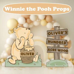Custom Classic Winnie the Pooh with Honey Pot Set, Party Props, Baby Shower, Cutout, Honey Bear, 1st Birthday, Hundred Acre Wood Sign, Props