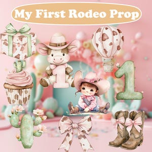 Accesorios para mi primera fiesta de cumpleaños de rodeo, recorte de vaquera occidental, vaquera rosa, lazo de coqueta, vaca, globo aerostático, suministros para fiesta de cumpleaños de niña