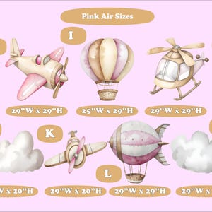May include: Pink Air Sizes chart with illustrations of different air-filled shapes, including a hot air balloon, a helicopter, a plane, a blimp, and clouds. The chart includes the dimensions of each shape in inches.