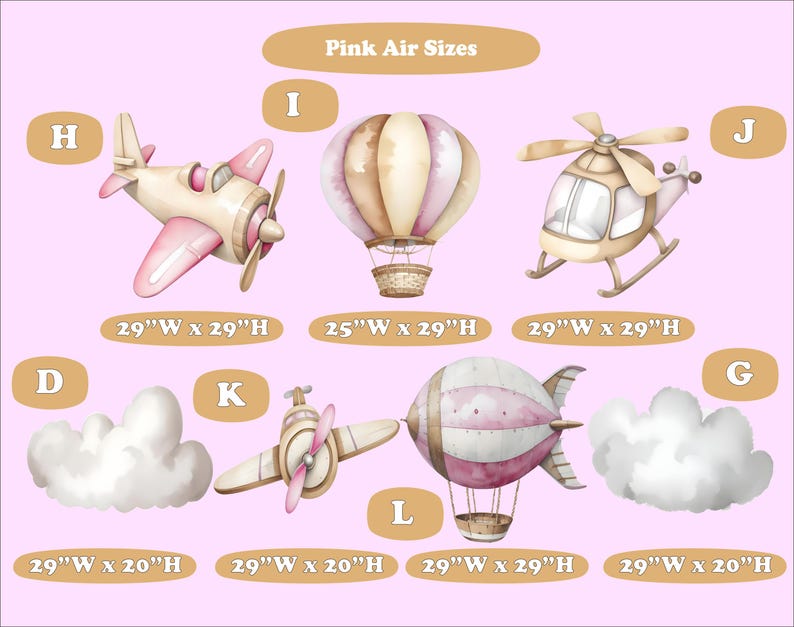 May include: Pink Air Sizes chart with illustrations of different air-filled shapes, including a hot air balloon, a helicopter, a plane, a blimp, and clouds. The chart includes the dimensions of each shape in inches.