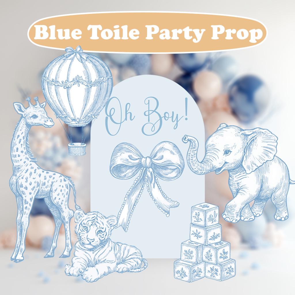 Blue Toile Safari Animals Cutout, Chinoiserie Toile de Jouy Baby Shower Decor, Hot Air Balloon, Baby Boy, Animal Props, Custom Backdrop