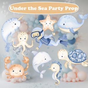 Ritagli di tema marino, animali marini, decorazioni per feste di compleanno, vita marina, animali dell'oceano acquerellati, fondali, baby shower, neonato
