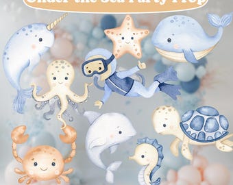 Podwodne wycinanki, rekwizyty ze zwierzętami morskimi, podwodne, dekoracje urodzinowe, życie morskie, akwarelowe zwierzęta oceaniczne, tło, baby shower, chłopiec
