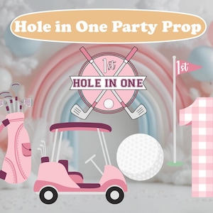 Pastelowy różowy golf wycięty, Hole in One, różowy wózek golfowy, impreza w stylu golfowym, ozdoby centralne, tło, dekoracja na pierwsze urodziny, urodziny dziewcząt