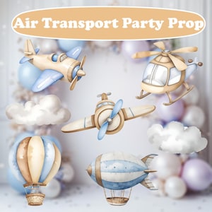 May include: A set of five watercolor illustrations of air transport vehicles, including a hot air balloon, a blimp, a helicopter, and two airplanes. The illustrations are in shades of blue, brown, and white, and are set against a blurred background of pastel-colored balloons.