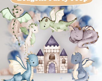 Zestaw 7 wycinanek Little Dragons, dekoracja urodzinowa, bajka, zamek akwarelowy, tło, baby shower, chłopiec, ozdoby centralne, książka z opowiadaniami, rekwizyt