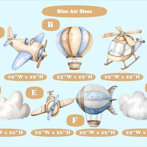 May include: A chart with illustrations of different air vehicles, including a hot air balloon, a helicopter, a plane, and a blimp. The chart also includes the text "Blue Air Sizes" and the dimensions of each vehicle in inches.