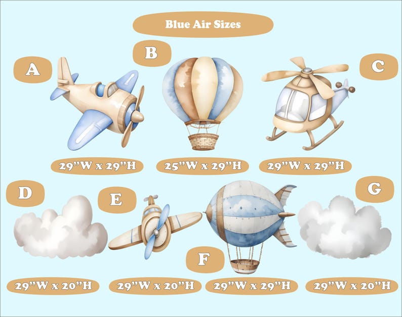 May include: A chart with illustrations of different air vehicles, including a hot air balloon, a helicopter, a plane, and a blimp. The chart also includes the text "Blue Air Sizes" and the dimensions of each vehicle in inches.