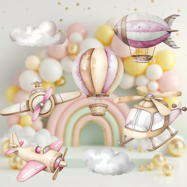 May include: A set of four watercolor illustrations of various modes of transportation, including a hot air balloon, a plane, a helicopter, and a blimp. The illustrations are set against a background of pastel pink, yellow, and white balloons.