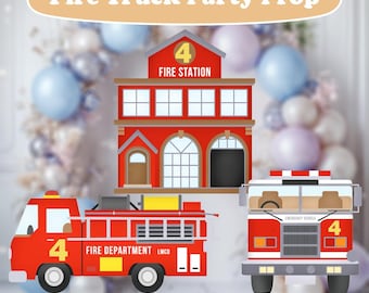 Könnte beinhalten: Ein Set roter und weißer Feuerwehr-Party-Requisiten, darunter eine Feuerwache und zwei Feuerwehrautos. Die Feuerwache hat ein rotes Dach mit der Nummer 4 und dem Schriftzug "Fire Station". Die Feuerwehrautos tragen die Nummer 4 und die Aufschrift "Fire Department LMCD" und "Emergency Vehicle".