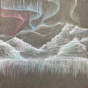Aurora Borealis: Digitaler Download von handgezeichneten Nordlichtern in Buntstift