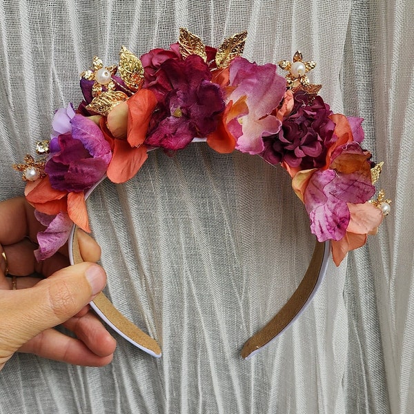 Races headband fascinator flower crown melbourne cup rose gold pink purple orange dried jewelled headpiece floral hair wreath & diamantes