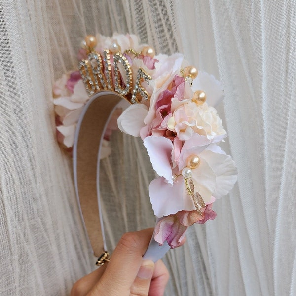 Bridal headband bride to be hen party night. Rose gold pink cream white ivory headpiece crown tiara hydrangeas diamantés pearl & jewels.