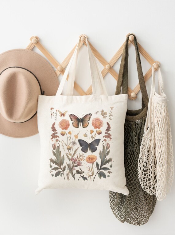 Butterfly Wildflower Cotton Canvas Tote Bag, Botanical Print