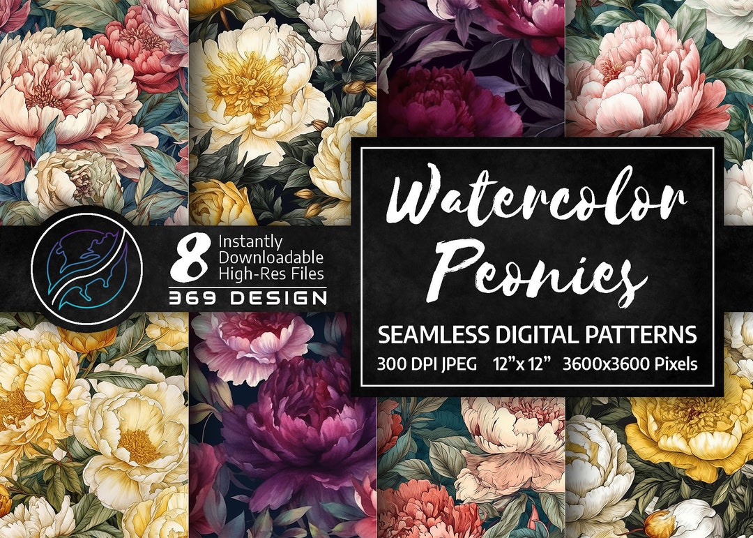 Watercolor Painted Peony Flowers Floral Seamless Digital Paper Pattern ...