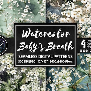 May include: Four seamless digital patterns featuring watercolor Baby's Breath floral designs. Each pattern showcases white flowers with green foliage against a teal and navy background. The image includes the text "Watercolor Baby's Breath".
