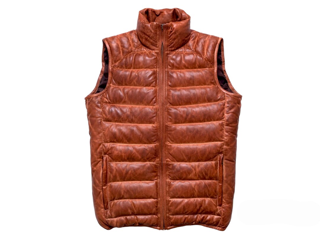 Leather Down Vest Brown Leather Vest Sheepskin Lambskin Camping Puffer
