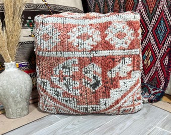 Marokkaanse poef rood en wit, handgemaakt Berber vloerkussen, boho ottoman, hoogpolig kussen, voetenbankje, woonaccessoire