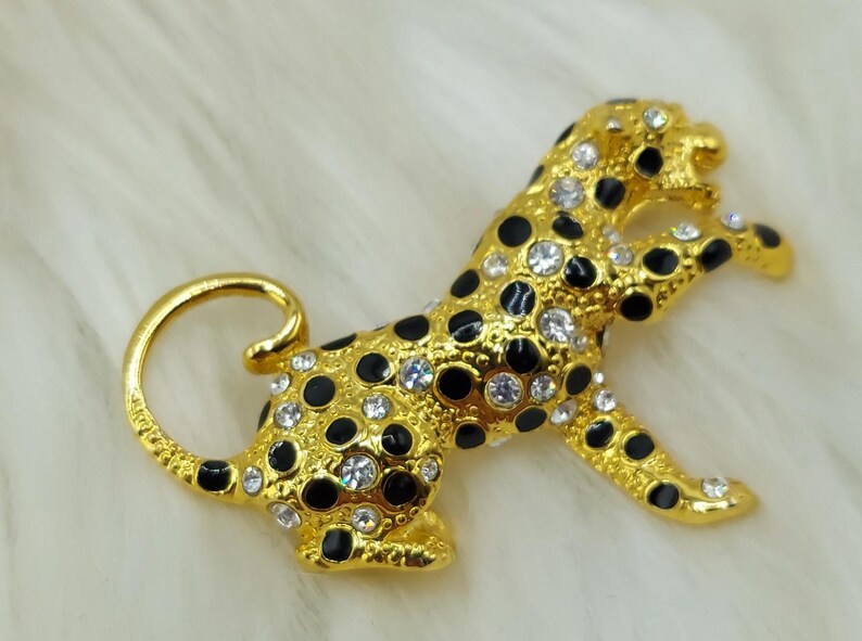 Vintage Gold Tone Swarovski Crystal Rhinestone & Black Enamel Spotted ...