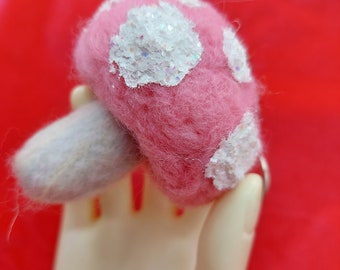 Handmade Felted Cute Pink Glittery Mushroom Keychain Charm