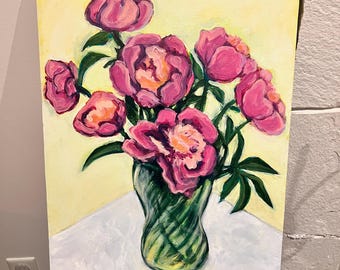 Roze pioenroos, acrylverfschilderij op canvas, bloemenstilleven, 15,8 x 18 inch, cottagecore wanddecoratie, origineel