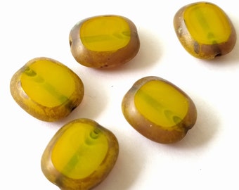 5 flat yellow-green Czech glass beads