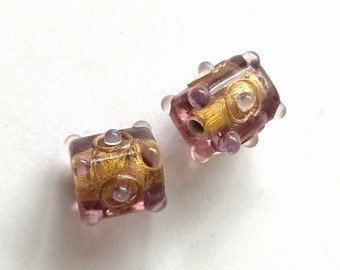 2 cube-shaped handmade glass beads with gold foil